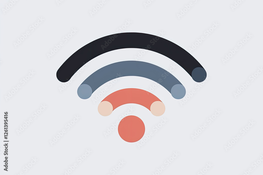 Stylized WiFi Symbol Illustration with Modern Colors - Rounded Shapes, Clean Design, on Light Gray Background, Connectivity Icon, Flat Design Stylized WiFi Symbol Illustration with Modern Colors - Rounded Shapes, Clean Design, on Light Gray Background, Connectivity Icon, Flat Design