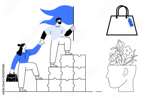 Team members collaborating atop puzzle blocks, shopping bag with tag, head filled with flowers. Ideal for business collaboration, leadership, problem-solving, innovation, shopping, mental health