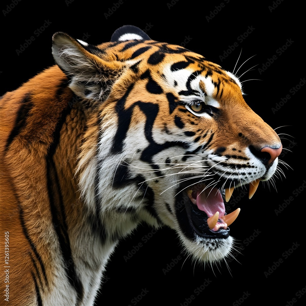 Fototapeta premium Tiger (Bengal tiger:1.1), roaring, mouth wide open, showing sharp teeth, focused on the animal's face, profile view, looking slightly to the right of the frame, centered in the image,&nbsp; photorealistic,