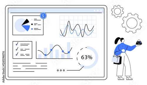 Businesswoman analyzing financial dashboard with graphs and charts, holding a plate with a holographic graph, gears in the background. Ideal for business analysis, finance, technology, data
