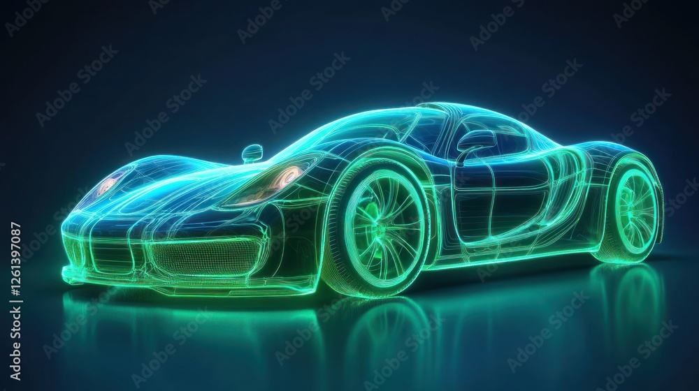 Futuristic Car Design, Neon Green Outline, Studio, Abstract Background Futuristic Car Design, Neon Green Outline, Studio, Abstract Background