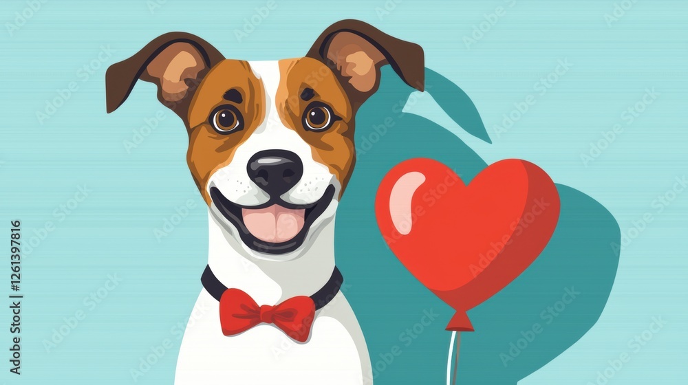 Obraz premium A happy dog with a red bowtie and heart balloon.