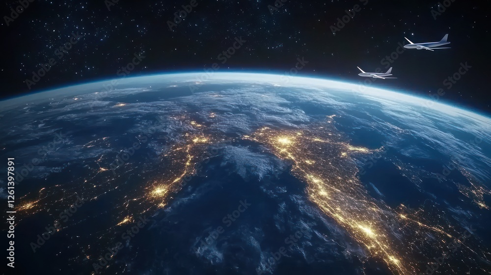 Obraz premium Earth at Night, Planes in Orbit, Global Connectivity
