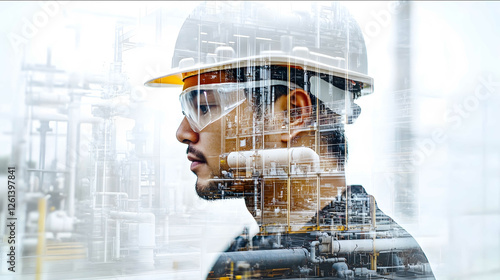 Double exposure photography of a man working in the factory on compresses air wearing a white construction safety helmet protective glasses and second layer an indu photo