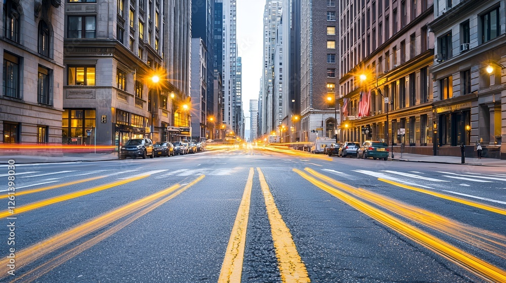 Obraz premium City street, evening traffic blur, skyscrapers, urban scene, business background