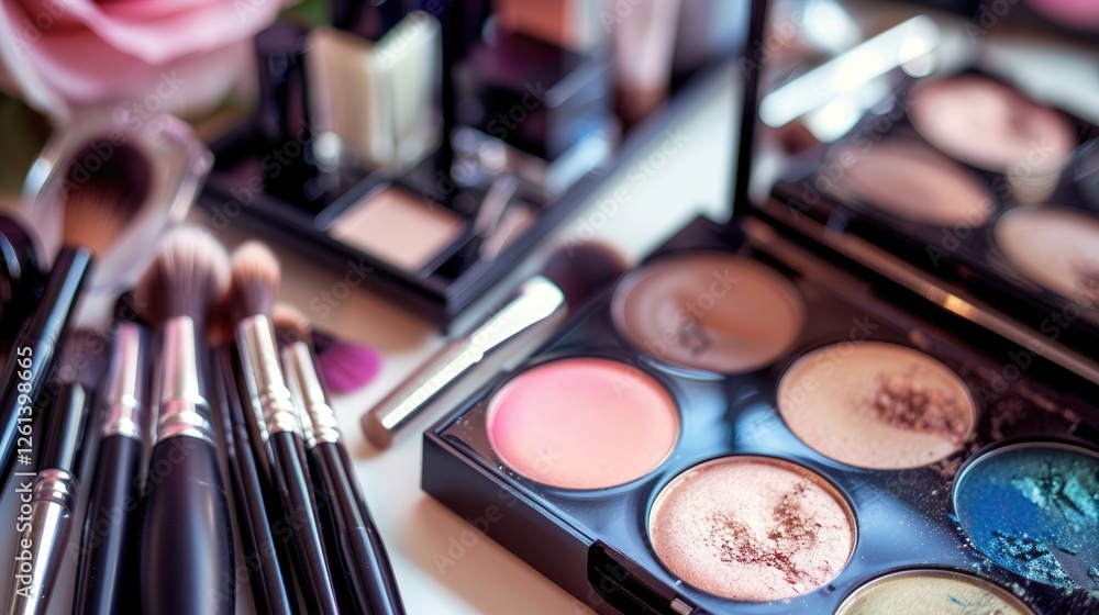 Professional makeup cosmetics collection: eyeshadow palette, brushes, and beauty products background Professional makeup cosmetics collection: eyeshadow palette, brushes, and beauty products background