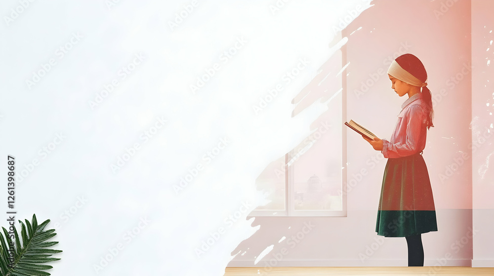 Young girl engrossed in reading a book near a window. Young girl engrossed in reading a book near a window.