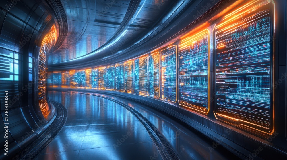 Obraz premium Futuristic server tunnel with digital displays