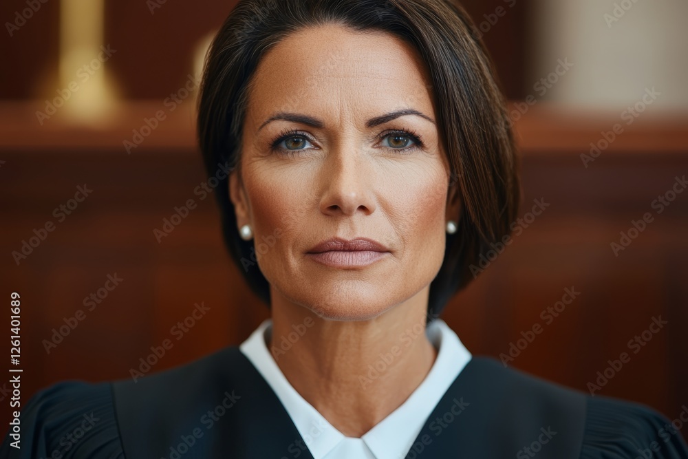 Confident mature caucasian female judge in courtroom Confident mature caucasian female judge in courtroom