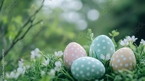 Easter eggs with polka dot pattern nestled in spring grass and white wildflowers. Traditional holiday decoration concept with blurred natural bokeh background and copy space