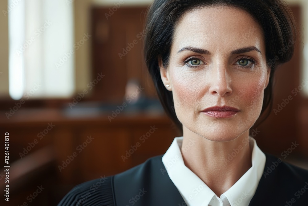 Confident caucasian female judge in courtroom setting Confident caucasian female judge in courtroom setting