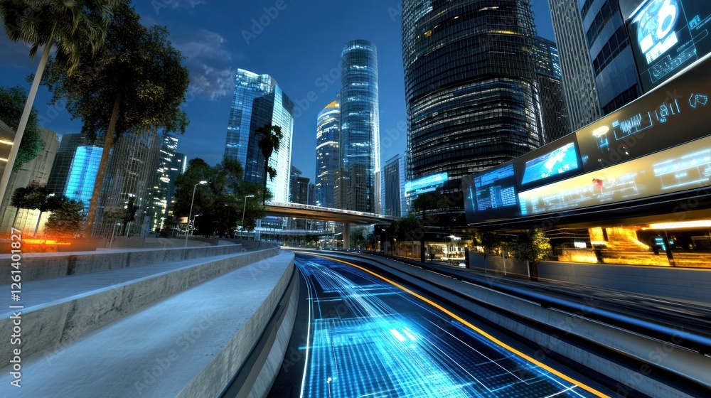 Obraz premium Futuristic city street at night with digital tracks