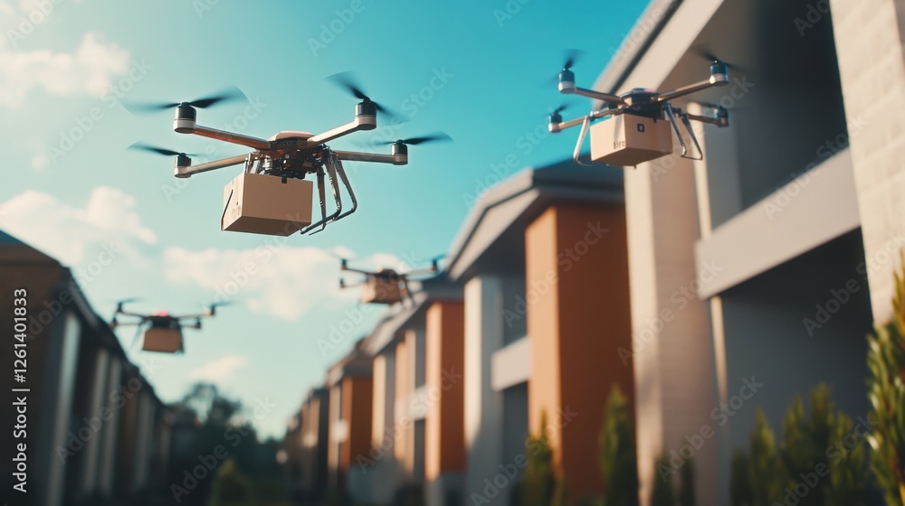 Sophisticated Drone Delivery System in Residential Area with Drones Hovering and Delivering Packages to Homes: Showcasing High-Tech Delivery Solutions for Convenience and Efficiency Sophisticated Drone Delivery System in Residential Area with Drones Hovering and Delivering Packages to Homes: Showcasing High-Tech Delivery Solutions for Convenience and Efficiency