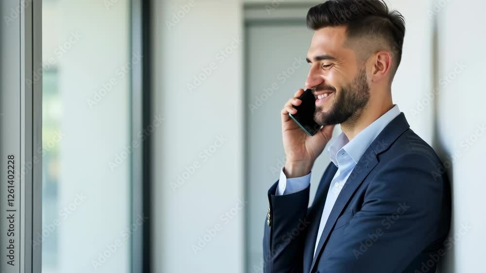 A Confident Businessman Engaging in a Friendly Phone Conversation While Leaning Against a Wall in a Modern Office Environment A Confident Businessman Engaging in a Friendly Phone Conversation While Leaning Against a Wall in a Modern Office Environment