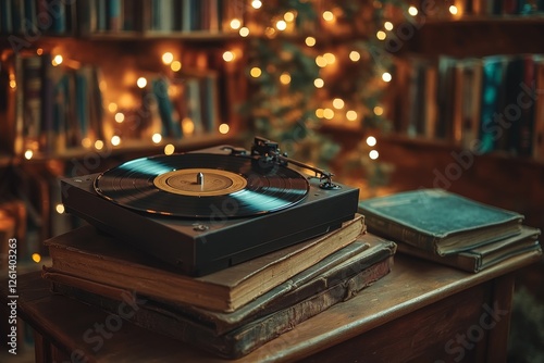 Festive vinyl record player on books in library