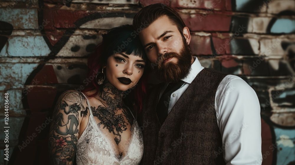 Alternative Tattooed Couple in Urban Wedding Setting with Graffiti Backdrop for Modern Love Stories, Edgy Romance, and Non-Traditional Wedding Inspiration Alternative Tattooed Couple in Urban Wedding Setting with Graffiti Backdrop for Modern Love Stories, Edgy Romance, and Non-Traditional Wedding Inspiration