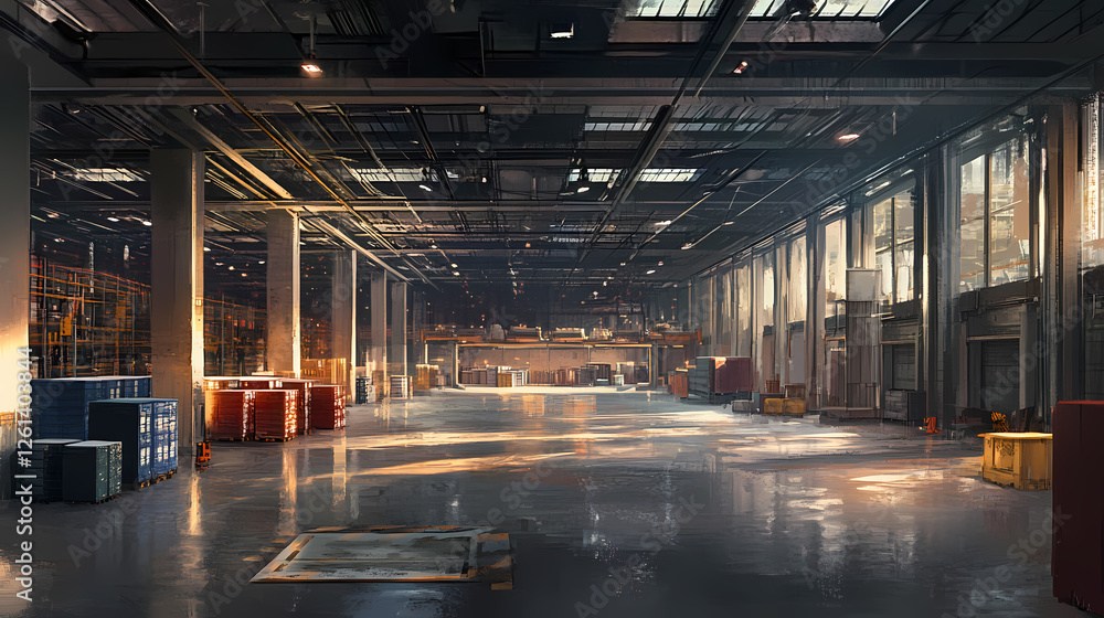 Spacious warehouse interior with empty loading docks and polished concrete floors. Interdimensional Marketplaces. Illustration Spacious warehouse interior with empty loading docks and polished concrete floors. Interdimensional Marketplaces. Illustration