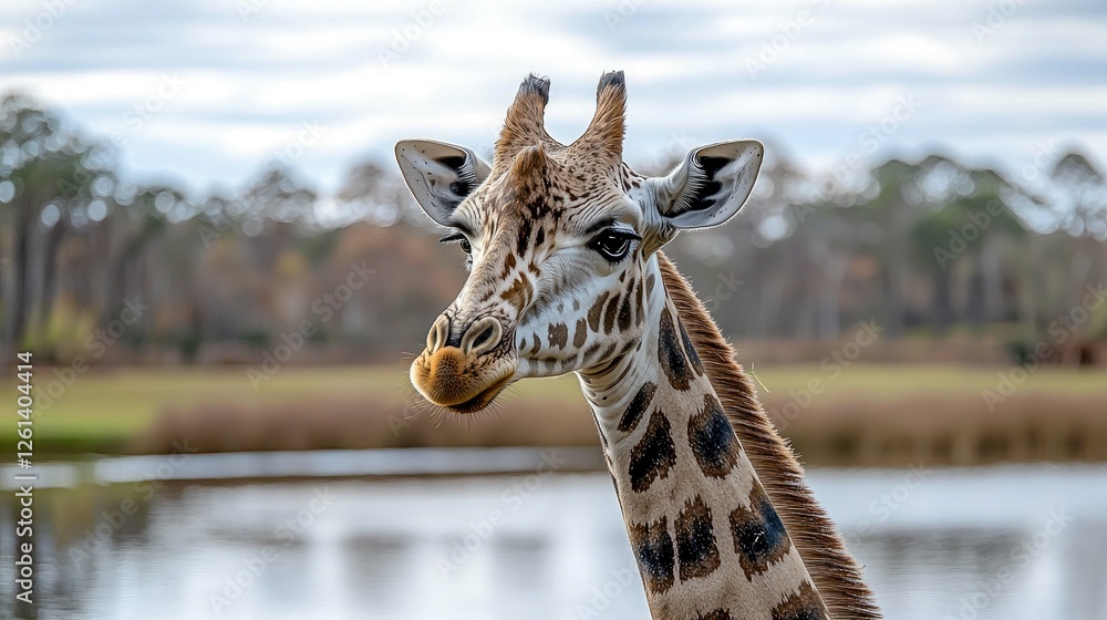 Naklejka premium Majestic Giraffe Portrait: A Serene Wildlife Encounter in the African Savanna