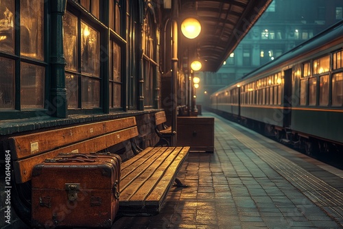 Night train station, vintage luggage, misty platform