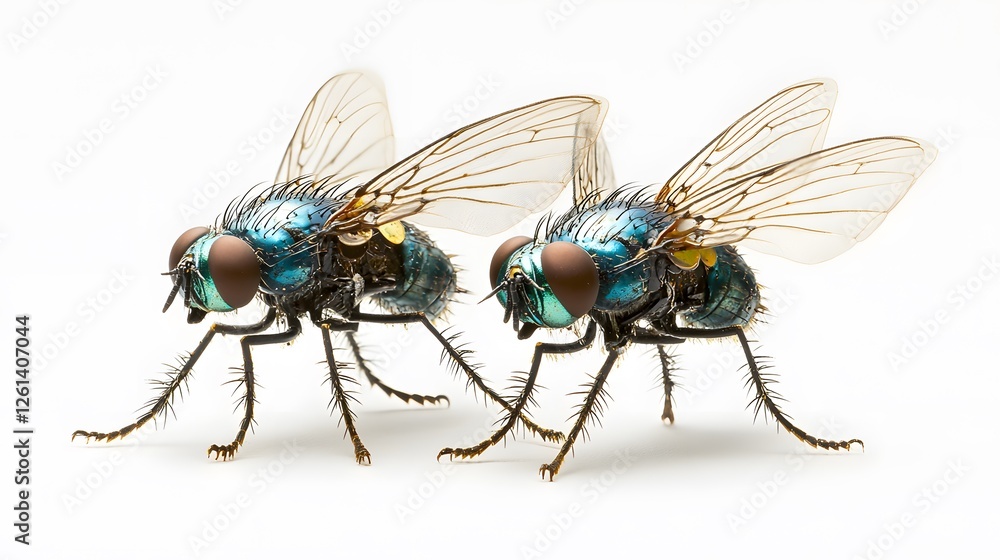 Two iridescent blue flies posed on white background Two iridescent blue flies posed on white background