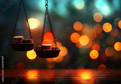 Balance of Wealth: Symbolic Scales Measuring Coins Against Blurred Bokeh Lights in the Background Depicting Financial Concepts and Economic Decisions photo