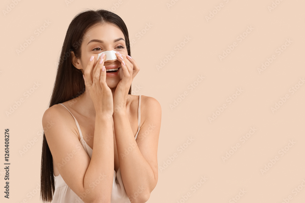 Young woman applying nose patch on beige background Young woman applying nose patch on beige background