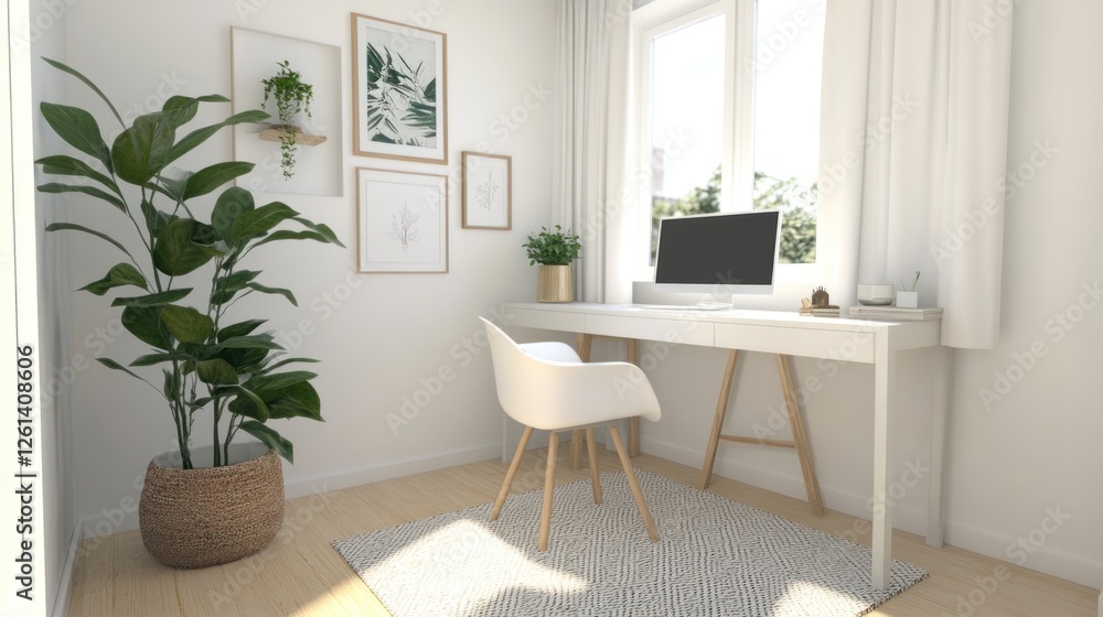 Fototapeta premium Bright and minimalist home office setup with indoor greenery and natural light