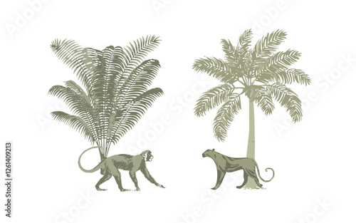 Vector image eps artwork file with tropical trees, animals (monkey, panther) in a jungle setting. Colour theme in pastel green sage olive colour.