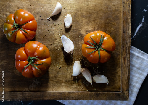 Pomodori rossi con aglio su tagliere in legno e sfondo scuro photo