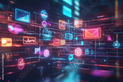 Abstract futuristic digital technology background with glowing media icons and marketing analytics, symbolizing modern online advertising, social networking, and data-driven branding