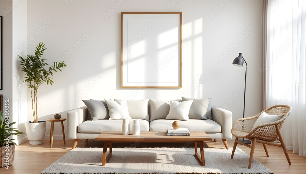 empty frame mockup in modern nordic living room with wooden coffee table, soft lighting, warm textiles, and minimalist scandinavian decor empty frame mockup in modern nordic living room with wooden coffee table, soft lighting, warm textiles, and minimalist scandinavian decor