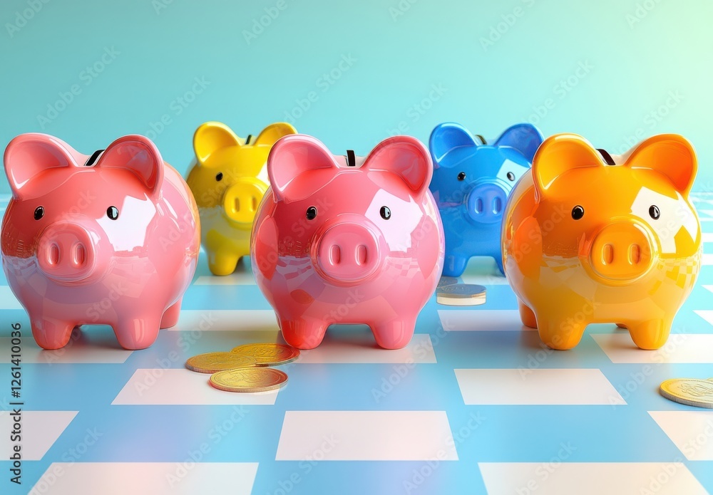 Colorful Piggy Banks on a Bright Surface with Coins, Symbolizing Savings, Finance, and Budgeting for Personal Wealth Management and Financial Planning Colorful Piggy Banks on a Bright Surface with Coins, Symbolizing Savings, Finance, and Budgeting for Personal Wealth Management and Financial Planning
