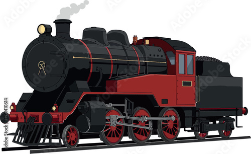 Classic steam locomotive design in flat style showcasing intricate details and bold colors in vector art