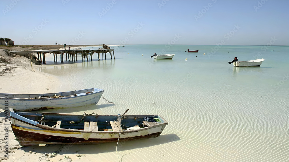 Fototapeta premium Tranquil beach scene boats on calm turquoise water near a pier, distant figures walking, clear sky