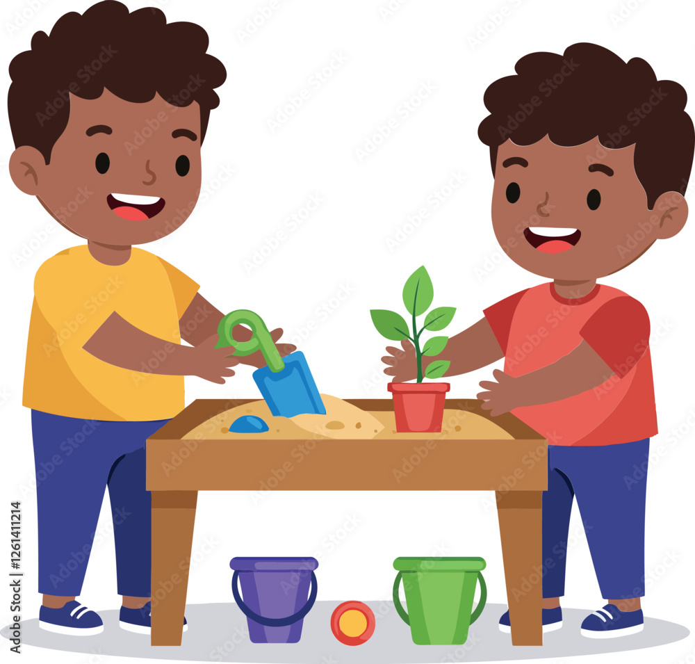 Two children engaged in gardening activities at a table in flat vector art Two children engaged in gardening activities at a table in flat vector art