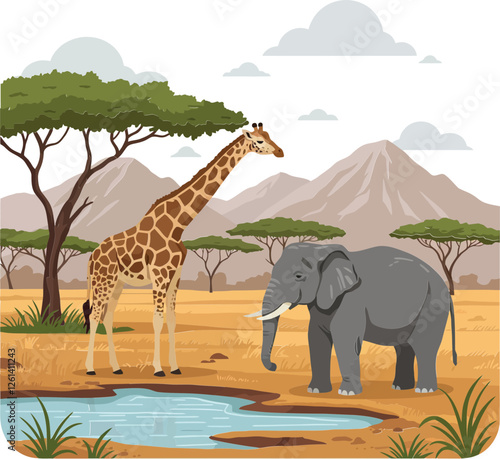 Giraffe and elephant interacting in a vibrant landscape with minimalistic design style vector art