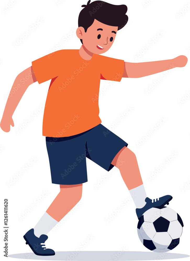 Young boy playing soccer in vibrant orange shirt, minimal design, engaging in fun activity, vector illustration Young boy playing soccer in vibrant orange shirt, minimal design, engaging in fun activity, vector illustration