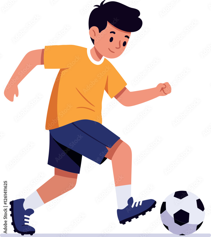 Young boy dribbling soccer ball in dynamic pose, flat style vector art Young boy dribbling soccer ball in dynamic pose, flat style vector art
