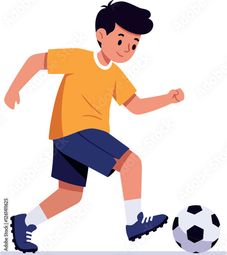 Young boy dribbling soccer ball in dynamic pose, flat style vector art