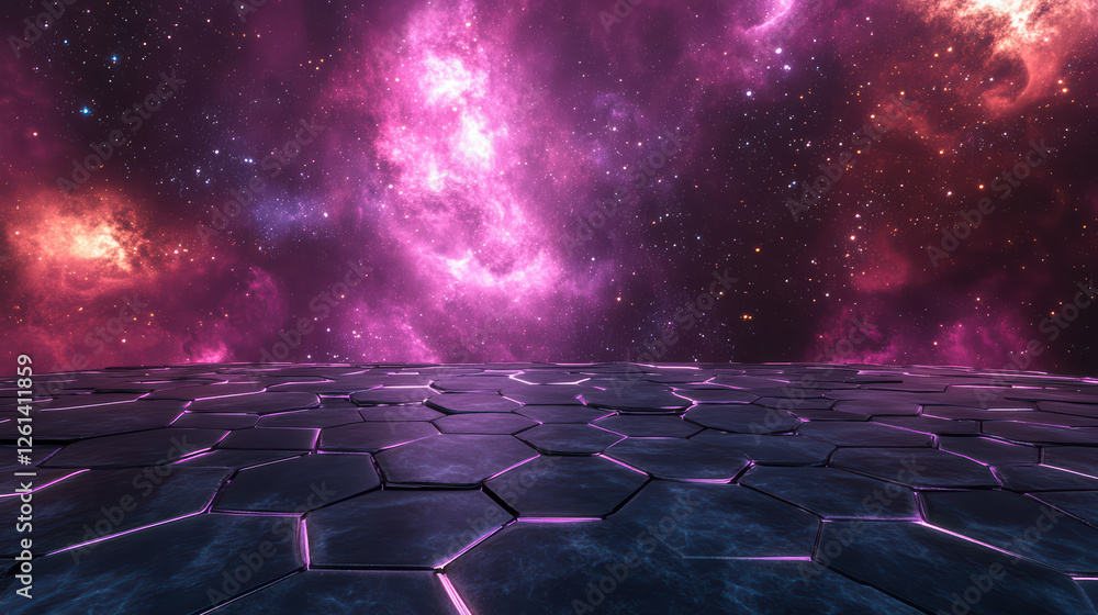 Obraz premium stunning 3D rendering of hexagonal grid set against cosmic nebula, showcasing vibrant colors and starry background that evokes sense of wonder and exploration