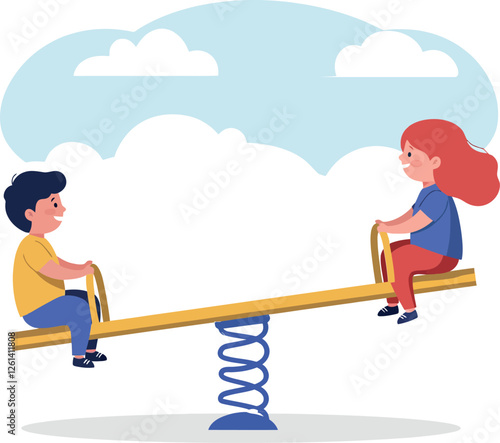 Two children playing on a colorful seesaw in a flat vector art style with clouds and cheerful expressions vector illustration