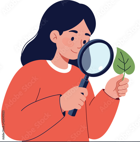 Person examining a green leaf with a magnifying glass in flat vector art style