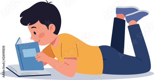 Boy reading a book while lying down in a flat, minimal vector illustration