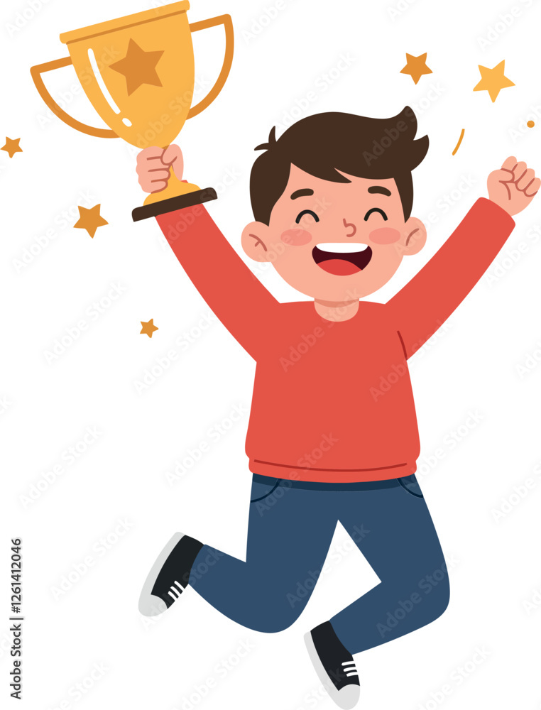Happy child celebrating victory with trophy in hand, flat design vector illustration Happy child celebrating victory with trophy in hand, flat design vector illustration