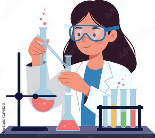Young scientist conducting experiments in a laboratory with colorful liquids in flat vector art