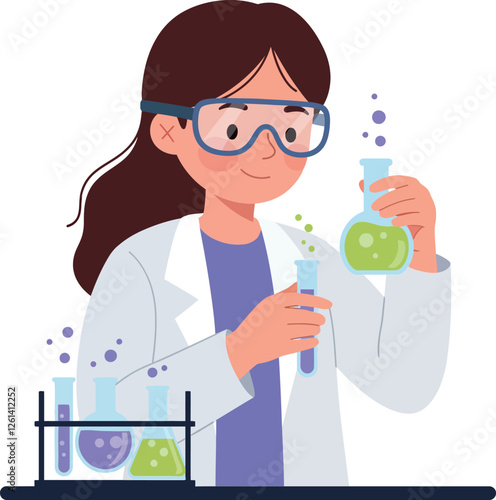 Female scientist conducting experiments in laboratory with colorful liquids in flat vector illustration