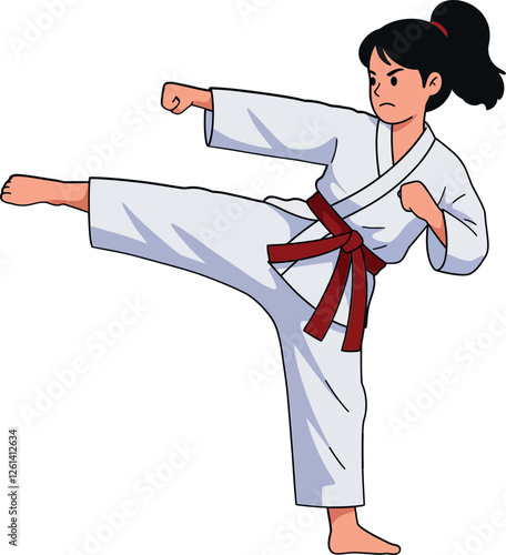 Karate girl performing a high kick in a minimal flat design vector illustration