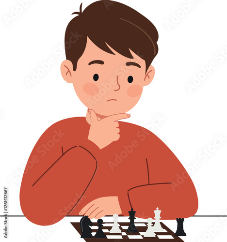 Thoughtful boy contemplating chess moves in flat design style vector illustration