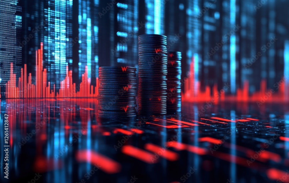 Fototapeta premium Digital Stock Market Visualization with Investment Coins Stacked on a Reflective Surface and Red Graphs Signifying Financial Trends