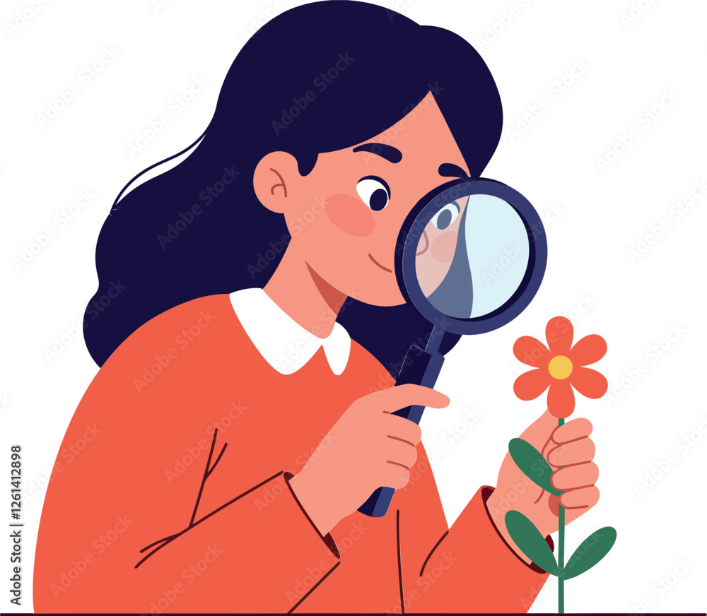 Woman examining a flower with a magnifying glass in a colorful flat vector illustration Woman examining a flower with a magnifying glass in a colorful flat vector illustration